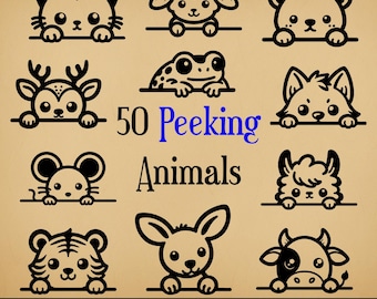 50 Peeking Animals Bundle | Commercial Use Vector Graphics | Svg, Png, Dxf, Eps, Pdf, Ai, Jpg Format | Sublimation, Laser Engraving, Logo