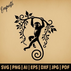 May include: Black silhouette of a monkey swinging from a vine with intricate floral details. The monkey is in a climbing pose with its tail curled around the vine.