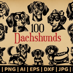 100 teckelbundel | Vectorafbeeldingen voor commercieel gebruik | Svg-, png-, dxf-, eps-, pdf-, ai-, jpg-indelingen | Sublimatie, lasergravure, logo, shirt