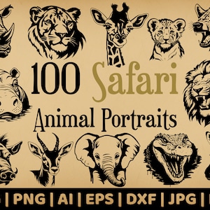 100 Safari Animal Portrait Bundle | Commercial Use Vector Graphics | Svg, Png, Dxf, Eps, Pdf, Ai, Jpg | Sublimation, Laser Engraving