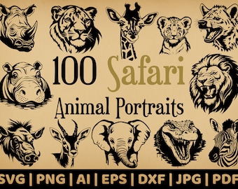 100 Safari Animal Portrait Bundle | Commercial Use Vector Graphics | Svg, Png, Dxf, Eps, Pdf, Ai, Jpg | Sublimation, Laser Engraving