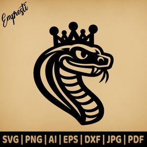 Koningscobra met kroon | Vectorafbeeldingen voor commercieel gebruik | Svg-, png-, dxf-, eps-, pdf-, ai-, jpg-indelingen | Sublimatie, laser, logo, inbranding