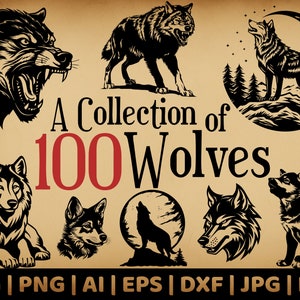 Paquete de 100 lobos / Uso comercial Gráficos vectoriales de lobo / Svg, Png, Dxf, Eps, Pdf, Ai, Jpg / Sublimación / Grabado láser, Calcomanías /