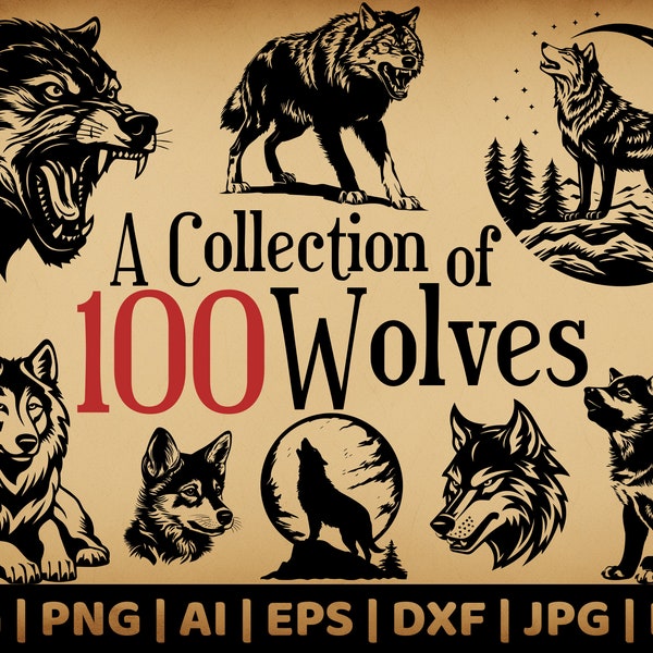 100 Wolves Bundle | Commercial Use Wolf Vector Graphics | Svg, Png, Dxf, Eps, Pdf, Ai, Jpg | Sublimation | Laser Engraving, Decals |