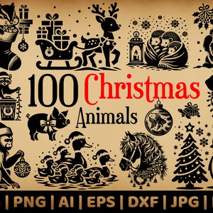 100 kerstdierenbundel | Commercieel gebruik vectorafbeeldingen | Svg, Png, Dxf, Eps, Pdf, Ai, Jpg-formaten | Sublimatie, lasergravure, logo
