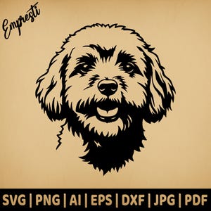 Op de afbeelding: Zwart-wit illustratie van een honden gezicht met open mond, die een vrolijke uitdrukking toont. De tekst "Empresti" staat in cursief linksboven. Bestandsopties: SVG, PNG, AI, EPS, DXF, JPG en PDF.