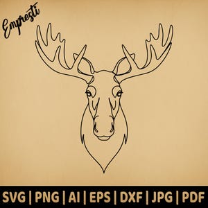 Line Moose SVG Minimalist Head  | Commercial Use Vector Graphic | Svg Png Dxf Eps Pdf Ai Jpg | Sublimation, Laser Engraving, Cut File, Logo