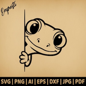 Puede incluir: Ilustración de dibujos animados en blanco y negro de una rana sonriente asomándose por una esquina. La rana tiene ojos grandes y una expresión amigable. La imagen incluye el texto "Empresti" e iconos de tipo de archivo.