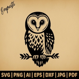 Neergestreken kerkuil | Vectorafbeeldingen voor commercieel gebruik | Svg-, png-, dxf-, eps-, pdf-, ai-, jpg-indelingen | Sublimatie, laser, logo, shirt, lightburn