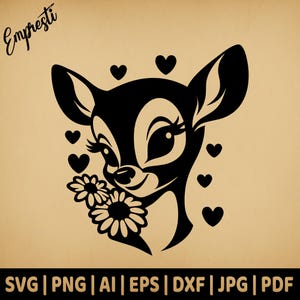 愛情あふれる雌鹿のハートのデイジー | 商用利用可能なベクター グラフィックス | SVG、PNG、DXF、EPS、PDF、AI、Jpg 形式 | 昇華、レーザー、ロゴ、ライトバーン