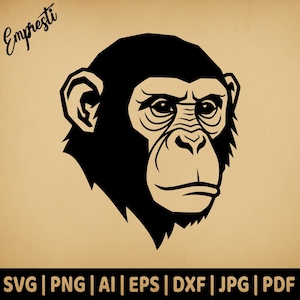 May include: A black and white graphic of a chimpanzee's head, with detailed facial features. The image is set against a tan background. The word "Empresti" is in the upper left corner. Below the image are the file types: SVG | PNG | AI | EPS | DXF | JPG | PDF.