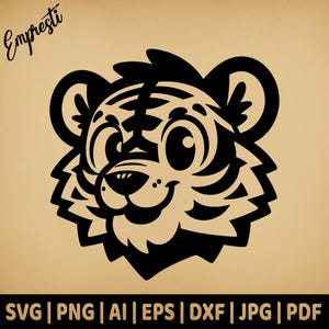 Cartoon tijgerkoplogo | Vectorafbeeldingen voor commercieel gebruik | Svg-, png-, dxf-, eps-, pdf-, ai-, jpg-indelingen | Sublimatie, lasergravure, gesneden bestand