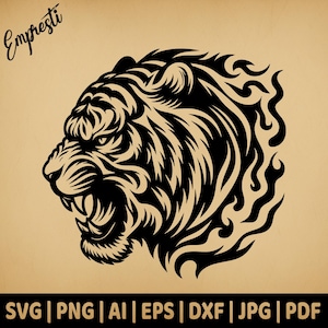 Arte de tatuagem de tigre flamejante | Gráficos vetoriais de uso comercial | Formatos Svg, Png, Dxf, Eps, Pdf, Ai, Jpg | Sublimação, Gravação a laser, Logotipo