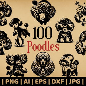 100 Poedelsbundel | Commercieel gebruik vectorafbeeldingen | Svg, Png, Dxf, Eps, Pdf, Ai, Jpg-formaten | Sublimatie, lasergravure, logo
