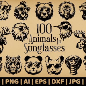 Pacote de 100 animais em óculos de sol | Gráficos vetoriais de uso comercial | Formatos Svg, Png, Dxf, Eps, Pdf, Ai, Jpg | Sublimação, Gravação a laser
