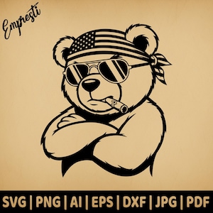 May include: Black and white illustration of a bear wearing sunglasses and a bandana with the American flag design. The bear has a cigar in its mouth and its arms are crossed. The image includes the text "Empresti" and file type options.