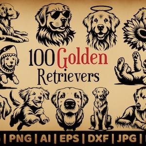 Pacote 100 Golden Retriever | Gráficos vetoriais de uso comercial | Formatos Svg, Png, Dxf, Eps, Pdf, Ai, Jpg | Sublimação, Gravação a Laser, Logotipo