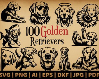 Puede incluir: Una colección de 100 ilustraciones en blanco y negro de Golden Retrievers en varias poses. Las ilustraciones incluyen un perro con un disfraz de tiburón, un perro con un halo, un perro con gafas de sol y un perro jugando con un girasol. El texto "100 Golden Retrievers" está escrito en letras rojas y negras.