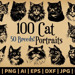 Lot de 100 portraits de chat | Vectoriels à usage commercial | Formats Svg, Png, Dxf, Eps, Pdf, Ai, Jpg | Sublimation, gravure laser, logo