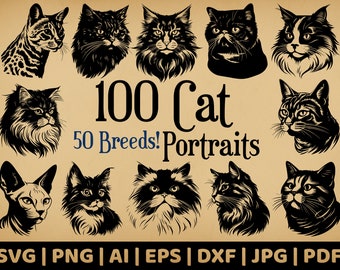 100 Cat Portrait Bundle | Commercial Use Vector Graphics | Svg, Png, Dxf, Eps, Pdf, Ai, Jpg Formats | Sublimation, Laser Engraving, Logo