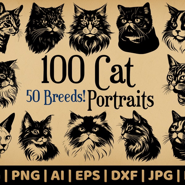 100 Katzenportraits | Kommerzielle Nutzung Vektorgrafiken | SVG-, Png-, Dxf-, Eps-, Pdf-, Ai-, Jpg-Formate | Sublimation, Lasergravur, Logo