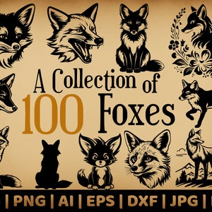 Lot de 100 renards | Vectoriels Fox à usage commercial | Svg, png, Dxf, Eps, Pdf, Ai, Jpg | Sublimation, gravure laser, décalcomanies, pochoirs |