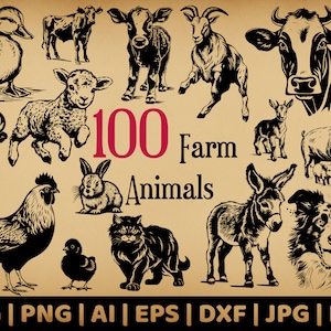 Pacote de 100 animais de fazenda | Gráficos de vetor de vida selvagem de Barnyard | Formatos Svg, Png, Dxf, Eps, Pdf, Ai, Jpg | Ovelhas, vacas, cavalos e muito mais