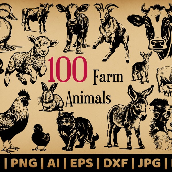 100 Farm Animals Bundle | Barnyard Wildlife Vector Graphics | Svg, Png, Dxf, Eps, Pdf, Ai, Jpg Formats | Sheep, Cows, Horses, and More