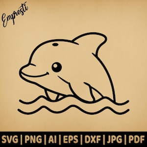 Dessin au trait dauphin sautant des vagues | du vecteur Utilisation commerciale | Svg png Dxf Eps Pdf Ai Jpg | Sublimation, gravure laser, fichier découpé