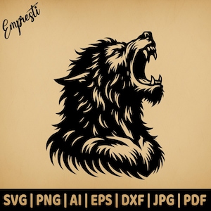 Puede incluir: Silueta en blanco y negro de un lobo aullando con la boca abierta. El pelaje del lobo está detallado con un patrón texturizado.