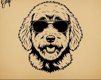 May include: Black and white illustration of a dog wearing sunglasses, with the word "Empresti" in the upper left corner. The dog has a happy expression. Below the dog are the file type abbreviations: SVG | PNG | AI | EPS | DXF | JPG | PDF.
