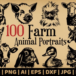 100 Farm Animal Portrait Bundle | Commercial Use Vector Graphics | Svg, Png, Dxf, Eps, Pdf, Ai, Jpg Formats | Sublimation, Laser Engraving