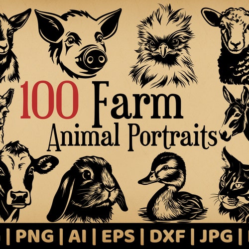 100 匹の農場動物の肖像画バンドル | 商用利用ベクター グラフィックス | SVG、PNG、DXF、EPS、PDF、AI、Jpg 形式 | 昇華、レーザー彫刻