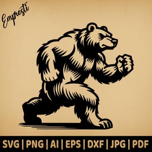 Orso forte che cammina / Grafica vettoriale per uso commerciale / Formato Svg, Png, Dxf, Eps, Pdf, Ai, Jpg / Sublimazione, Laser, Logo, Incisione su legno
