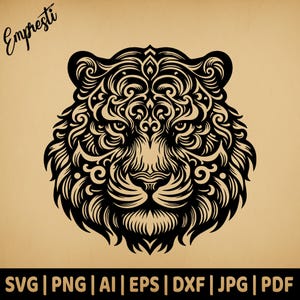 Mandala tijgerkop psychedelisch | Vectorafbeeldingen voor commercieel gebruik | Svg-, png-, dxf-, eps-, pdf-, ai-, jpg-indelingen | Sublimatie, laser, logo