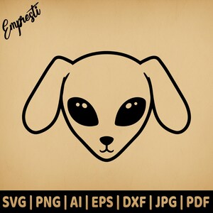 May include: Black and white line art illustration of an alien dog face with large oval eyes and floppy ears. The image includes the text "Empresti" in cursive at the top left and file type options at the bottom.