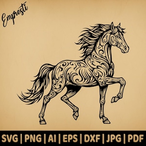 Cheval baroque détaillé sur tout le corps | Vectoriels à usage commercial | Svg png Dxf Eps Pdf Ai Jpg | Sublimation, gravure laser, fichier de découpe