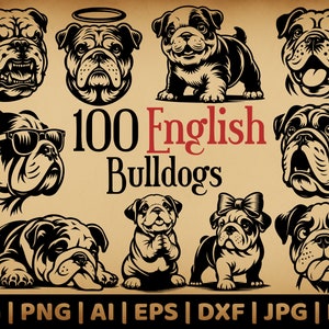 Lot de 100 bouledogues anglais | Vectoriels à usage commercial | Formats Svg, Png, Dxf, Eps, Pdf, Ai, Jpg | Sublimation, gravure laser, logo