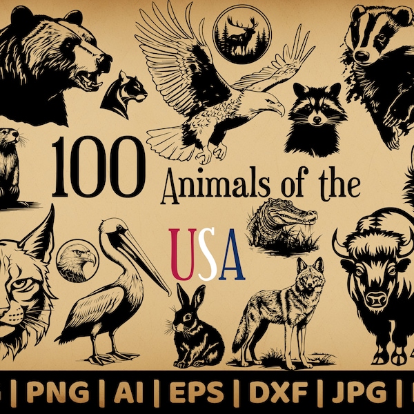 100 American Animals PNG SVG Bundle | Sublimation | Instant Download | eps | dxf | pdf | Vector Graphics | Woodland Clip Art |