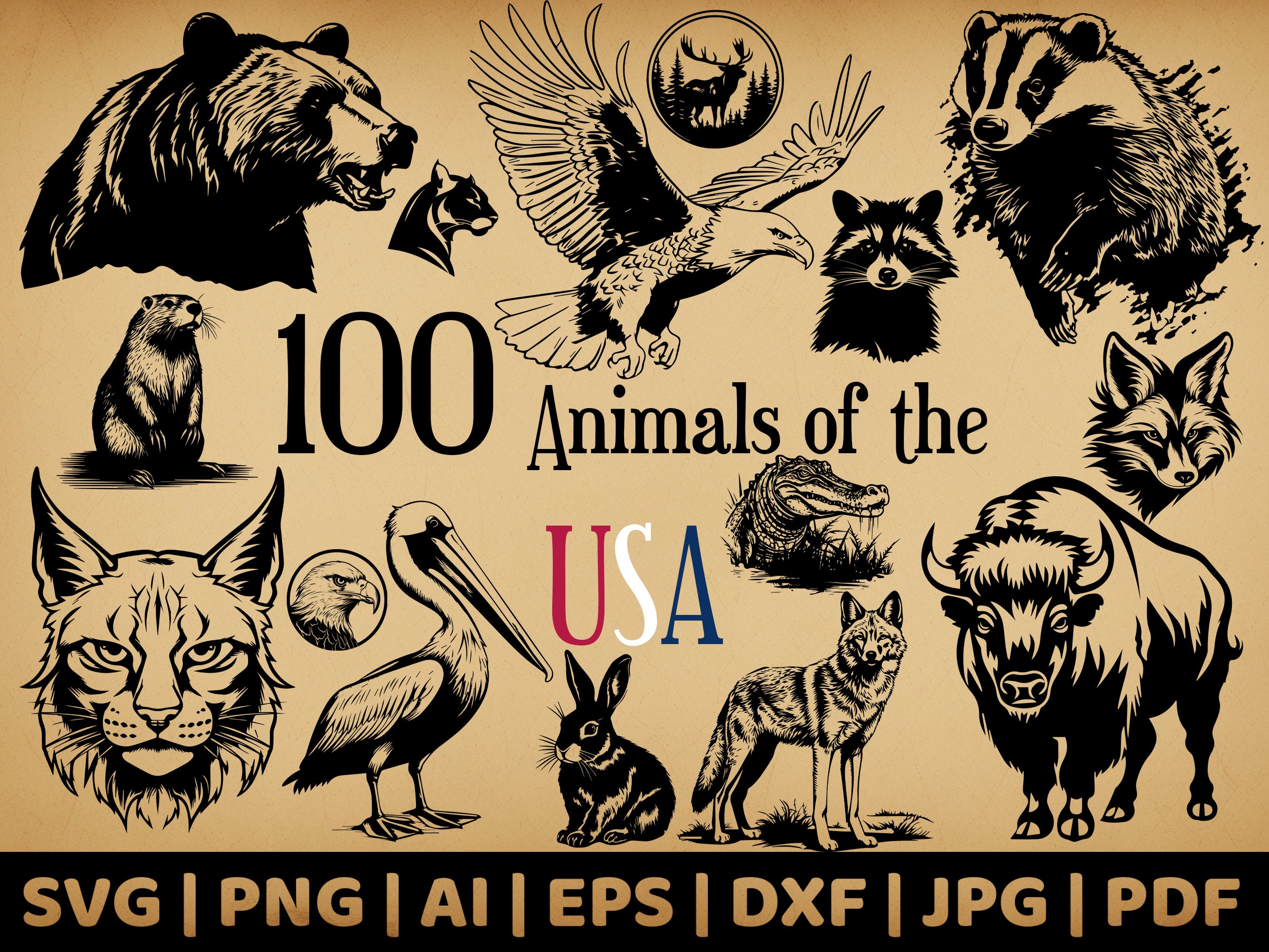 100 American Animals PNG SVG Bundle | Sublimation | Instant Download | eps | dxf | pdf | Vector Graphics | Woodland Clip Art |