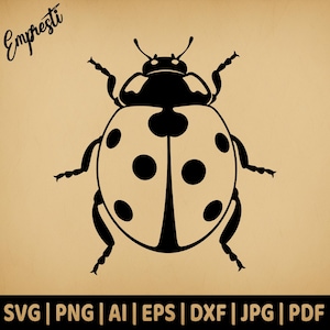 May include: A black and white ladybug illustration on a tan background. The ladybug has a rounded body with black spots and is surrounded by the text "SVG | PNG | AI | EPS | DXF | JPG | PDF". The word "Empresti" is in the upper left corner.