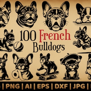 100 Franse Bulldog-bundel | Commercieel gebruik vectorafbeeldingen | Svg, Png, Dxf, Eps, Pdf, Ai, Jpg-formaten | Sublimatie, lasergravure, logo
