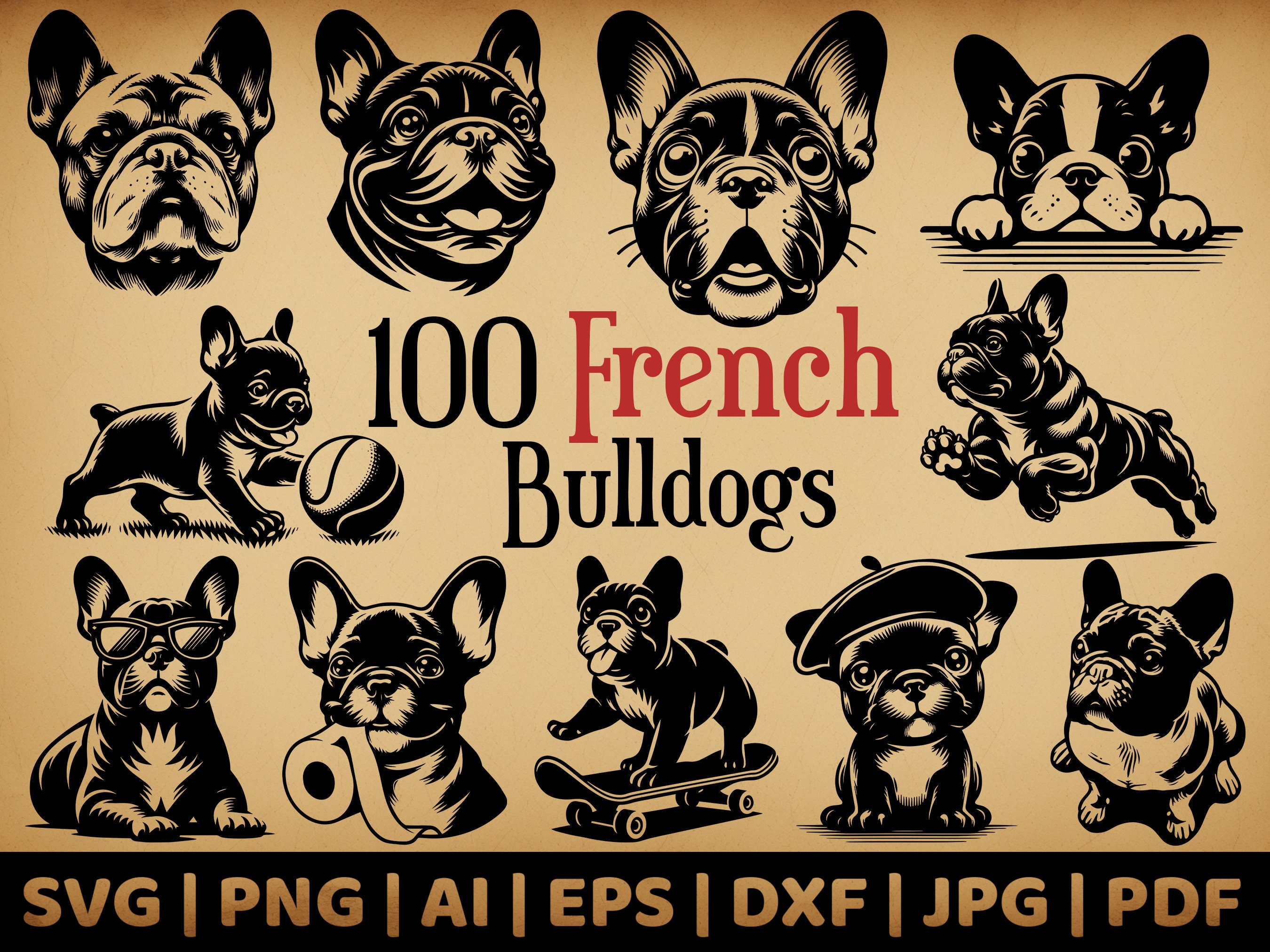 フレンチブルドッグ 100 匹セット | 商用利用ベクター グラフィック