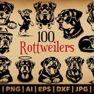 100 Rottweiler-Paket | Vektorgrafiken für kommerzielle Nutzung | SVG-, Png-, Dxf-, Eps-, Pdf-, Ai-, Jpg-Formate | Sublimation, Lasergravur, Logo