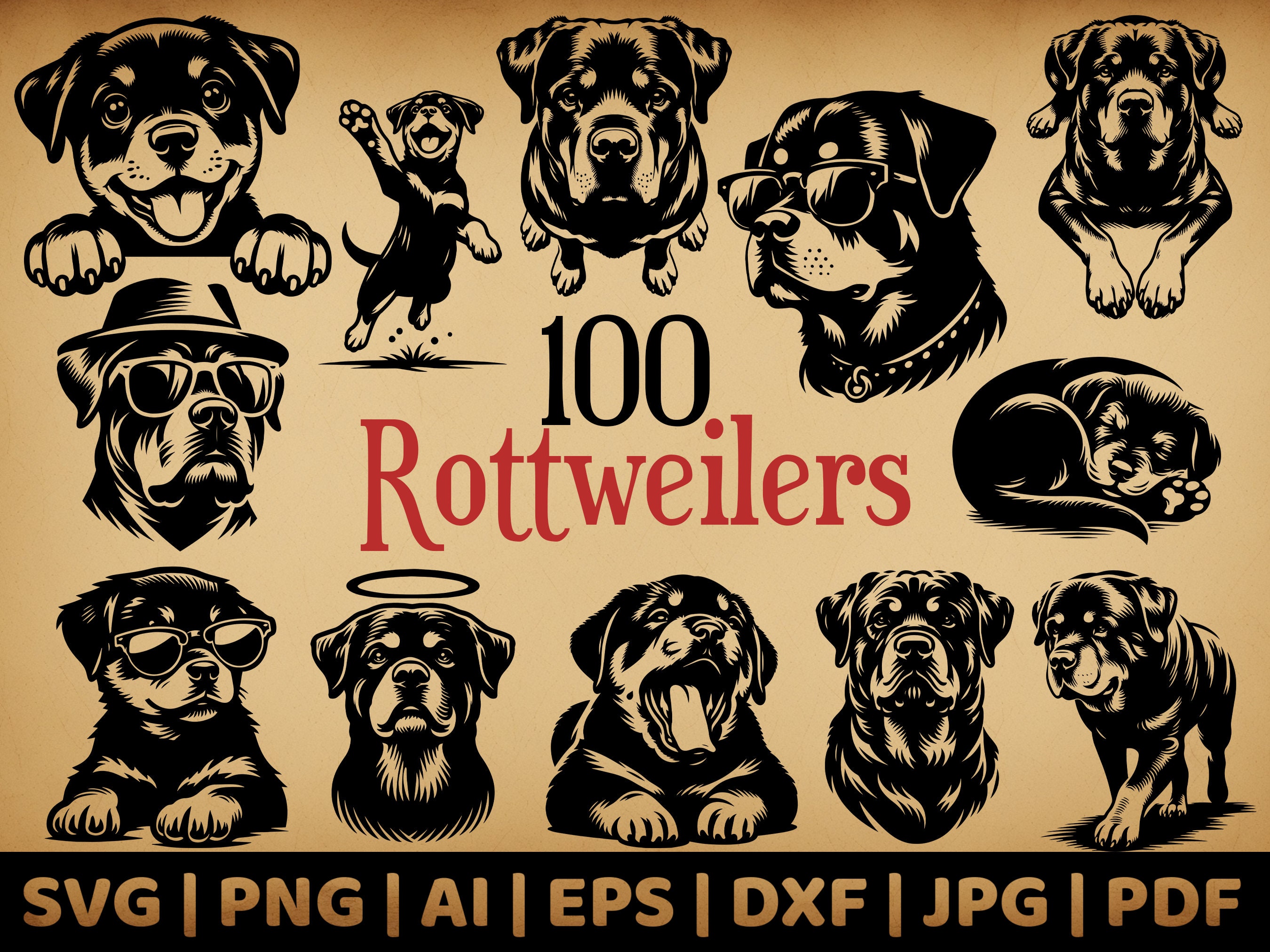100 Rottweiler Bundle | Commercial Use Vector Graphics | Svg, Png, Dxf ...