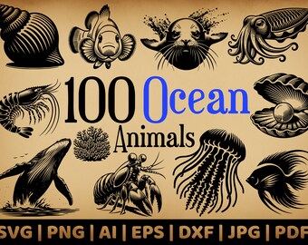 100 Ocean Animal Bundle | Commercial Use Vector Graphics | Svg, Png, Dxf, Eps, Pdf, Ai, Jpg Formats | Sublimation, Laser Engraving, Logo