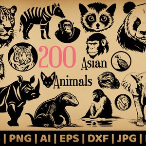 200 animaux d'Asie | Vectoriels à usage commercial | Svg, png, Dxf, Eps, Pdf, Ai, Jpg | Sublimation | Gravure laser, décalcomanies |
