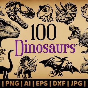 100 dinosaurusbundel | Commercieel gebruik vectorafbeeldingen | Svg, Png, Dxf, Eps, Pdf, Ai, Jpg-formaten | Sublimatie, lasergravure, logo