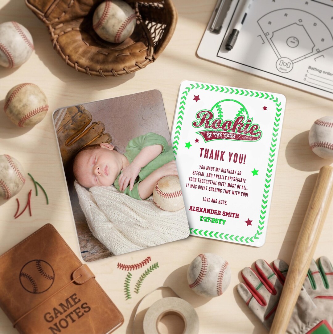 Baseball Rookie 1st Birthday Party Photo Thank You Card, Rookie of the ...