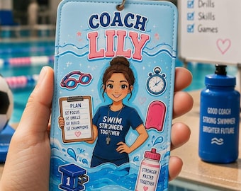Gepersonaliseerde badgehouder voor zweminstructeurs, keycord portemonnee voor coaches, gepersonaliseerd cadeau voor zwemcoaches, houder voor leraren-ID-kaart, bedankcadeau voor coaches